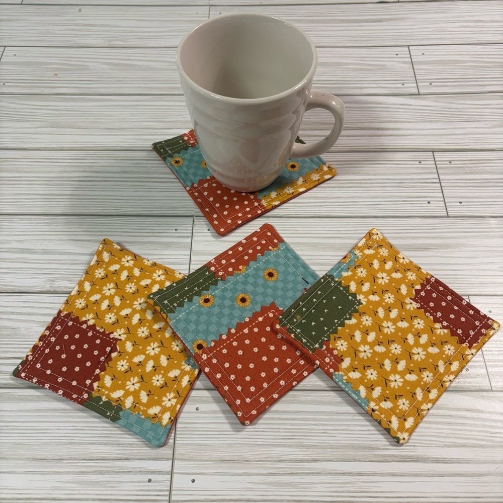 Handmade Fall Patchwork Reusable Washable Fabric Coaster Set - Picture 2 of 4